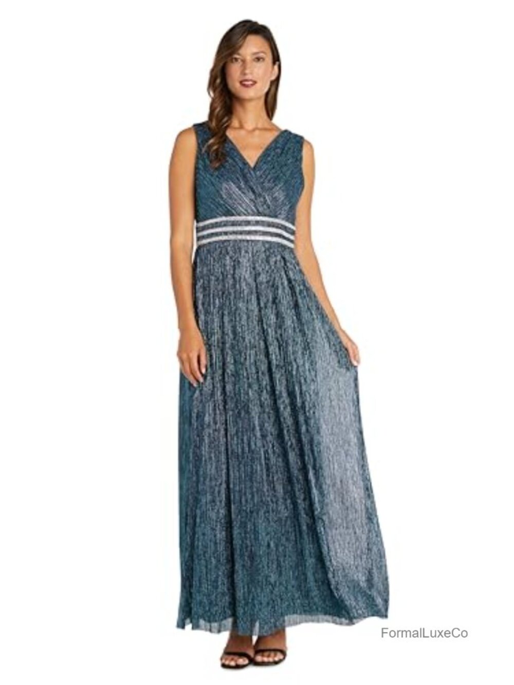 Sleeveless Maxi Formal Dress Rhinestone Trim Pleated V-Neck Party Gown